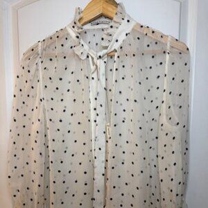 Alice + Olivia white chiffon w/ black polka dots long sleeve, size L